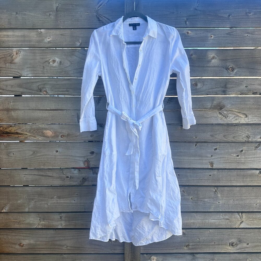 Saks 100% Linen White Midi High Low Dress 1/4 Sleeve Tie Waist Spring Summer– XS